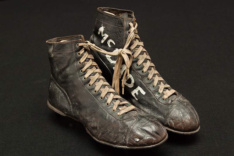 Football shoes worn by Karl McDade ’38, c.1934-1937.