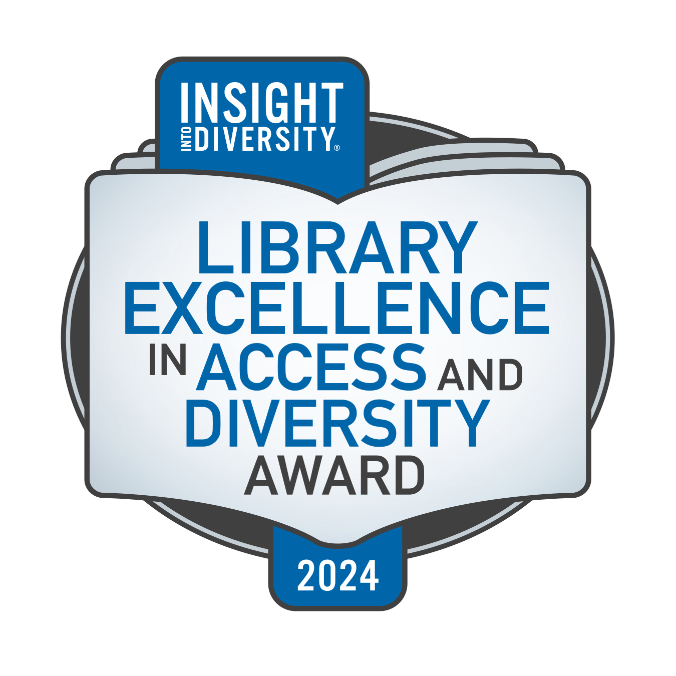 Book outline with text that reads Library Excellence in Access and Diversity Award 2024