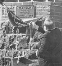 Rev. Waldschmidt unveiling the National Historic Building plaque on West Hall, 1977